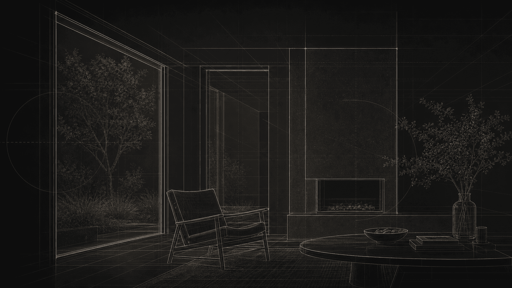 Illustrative line drawing study of a quiet interior and its construction geometry